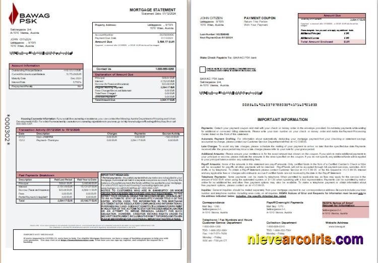 Austria BAWAG PSK bank mortgage statement, 3 pages, 1-2